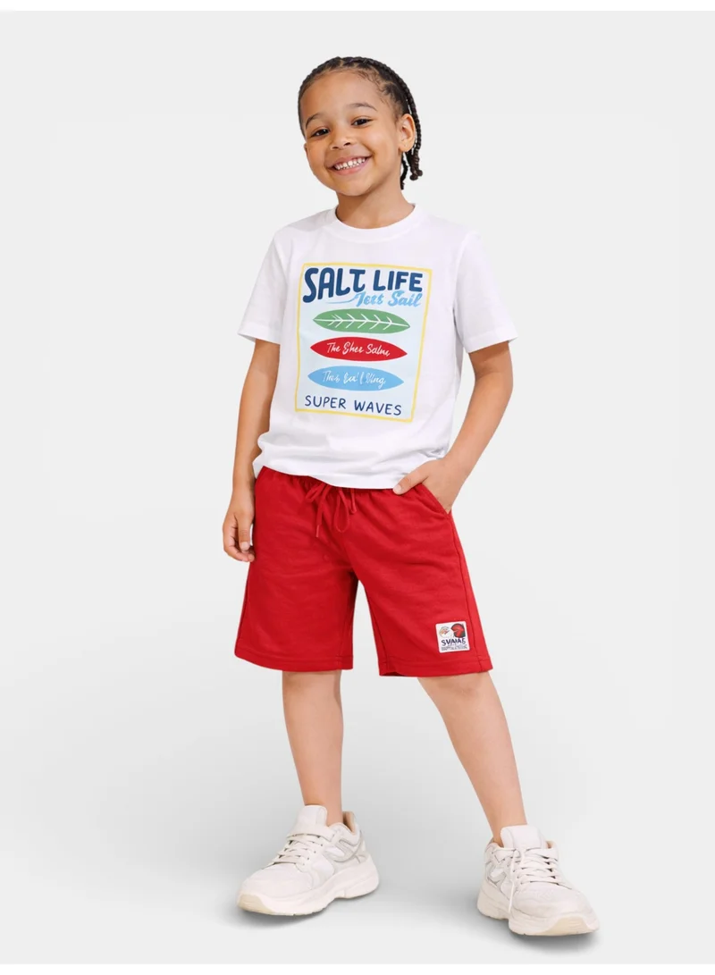 victor and jane Boys Surf Life Printed T-Shirt & Red Shorts Set